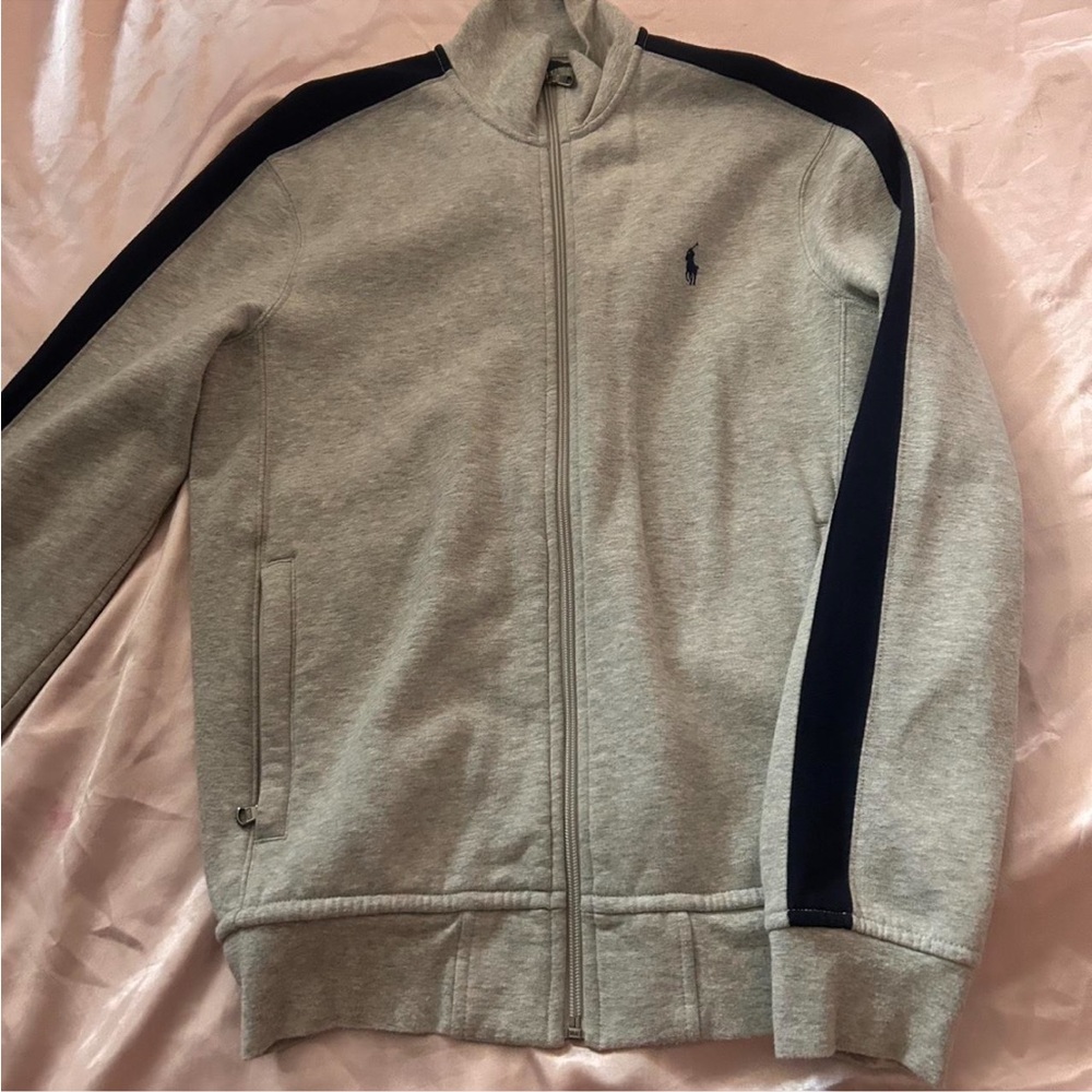 Ralph Lauren Light Gray Zip-Up Sweater with Navy Accents